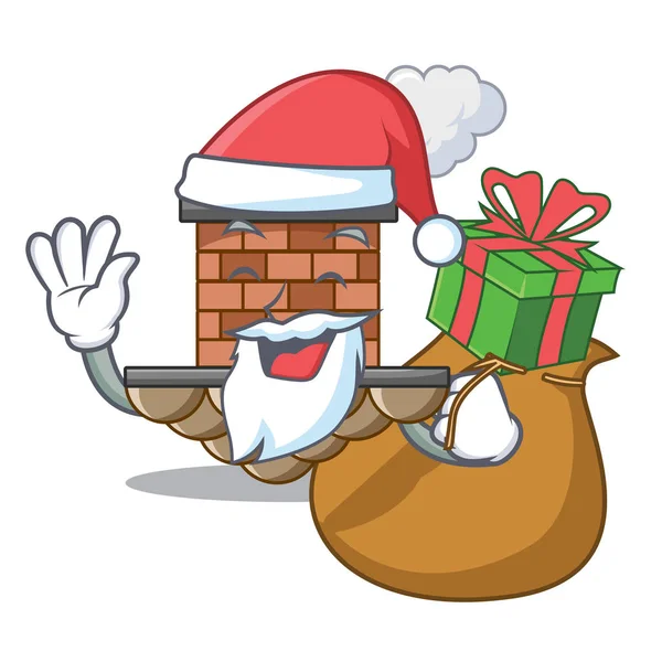 Санта-Клаус с подарком в виде шимни рядом с крышей мультфильма — стоковый вектор