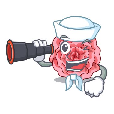 Denizci ile karikatür izole dürbün karanfil çiçek