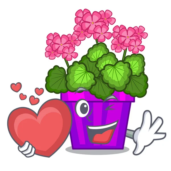 With heart geranium flowers in the cartoon pot — Stock Vector