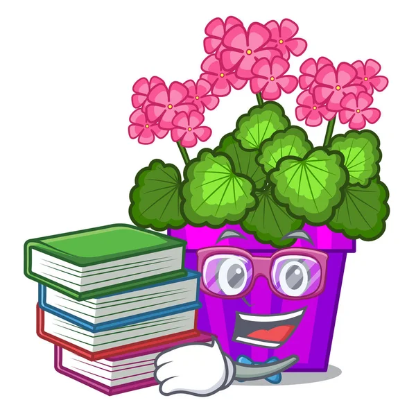 Studente con libro fiori di geranio a forma di cartone animato — Vettoriale Stock
