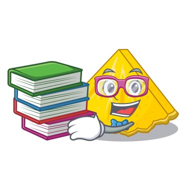 Öğrenci bir karikatür plaka üzerinde kitap ananas dilimleri ile