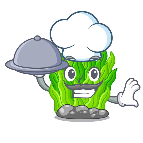 Chef con comida en miniatura algas verdes encima de la mesa de la mascota — Vector de stock