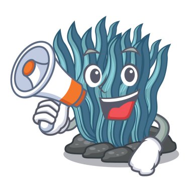 Şekil Mascot megafon mavi deniz yosunu ile