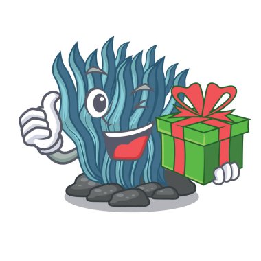 Hediye mavi deniz yosunu çizgi film ile deniz suyu altında