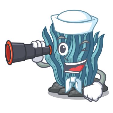 Denizci dürbün mavi deniz yosunu karikatür altında deniz suyu ile