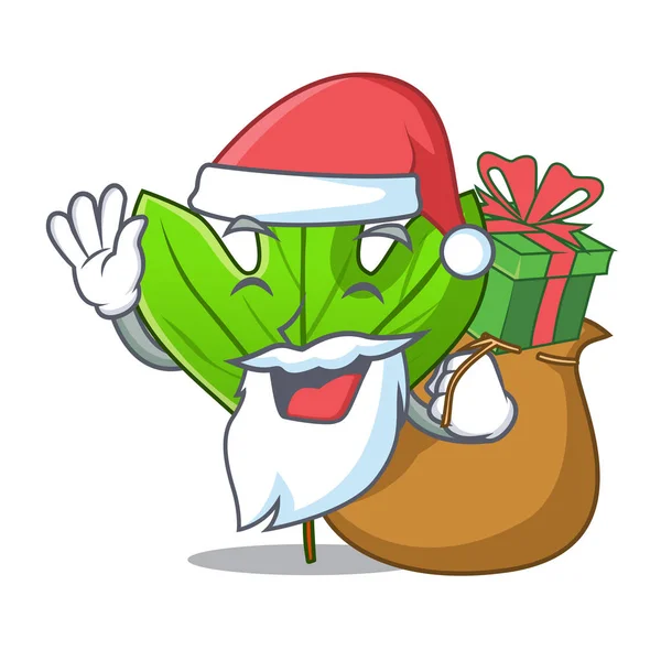 Papai Noel com folha de sassafras presente na forma de desenho animado — Vetor de Stock