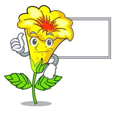 Şekil karikatür kurulu Allamanda çiçek ile thumbs up