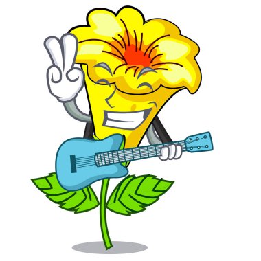 Bir karikatür tencere gitar Allamanda çiçekler ile