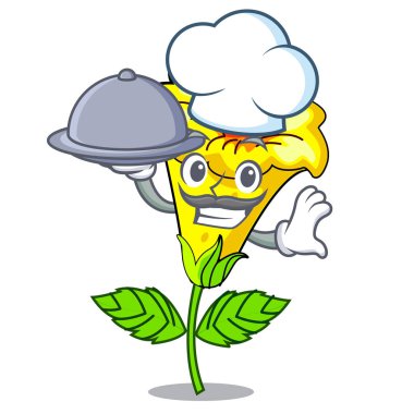 Bir karikatür tencere gıda Allamanda çiçekler ile Şef