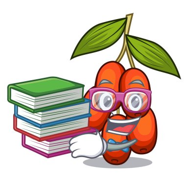 Öğrenci kitap hünnap meyve karakter ahşap masa üzerinde