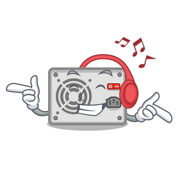 Listening music mascot power supply sticks to pc — Stock Vector