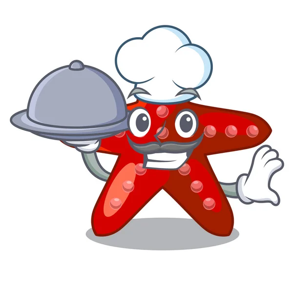 Chef com comida estrela-do-mar vermelha em forma de desenho animado — Vetor de Stock