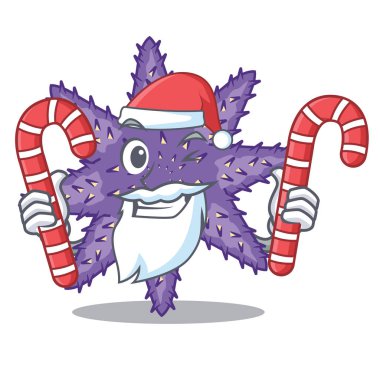 Santa ile şeker mor denizyıldızı karikatür kum yukarıda