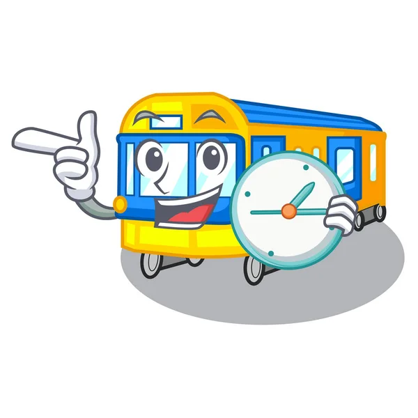 Met klok metro trein speelgoed in vorm mascotte — Stockvector