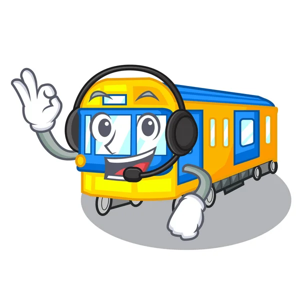 Met hoofdtelefoon miniatuur metro trein cartoon boven tafel — Stockvector
