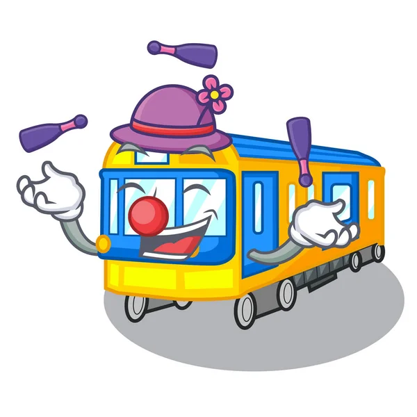 Juggling miniature subway train cartoon above table — Stock Vector