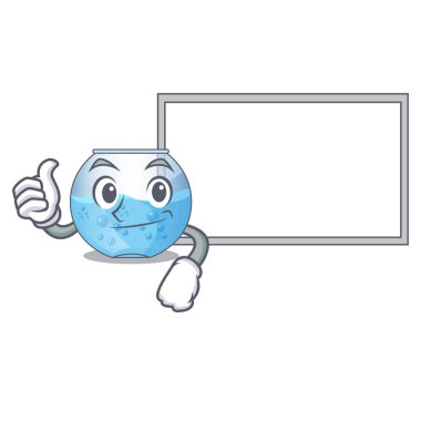 Başparmak yukarıya ile karikatür izole kurulu kase akvaryum ile