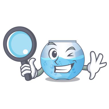 Dedektif kase karikatür akvaryum ahşap masa üstünde