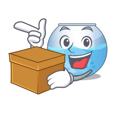 Kutusu kase karikatür akvaryum ile ahşap masa üstünde