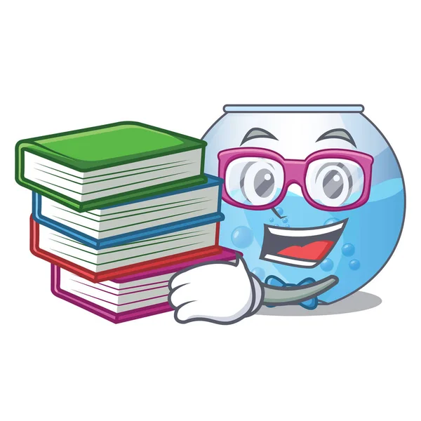 Öğrenci kitap minyatür kase akvaryum şekli Mascot ile — Stok Vektör