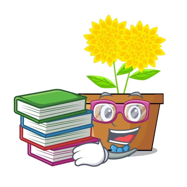 Studente con libro dalia fiore nei vasi personaggio — Vettoriale Stock