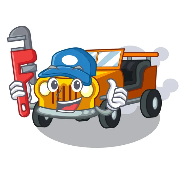 Plumber jeep cartoon car in front clemency — Stock Vector