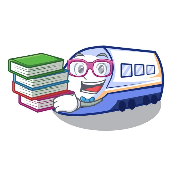 Student z książki miniaturowe shinkansen pociągiem w kreskówka kształt — Wektor stockowy