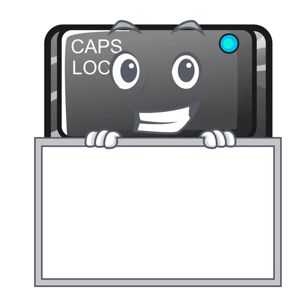 Sonriendo con el botón de bloqueo de la tapa del tablero en una caricatura del ordenador — Vector de stock