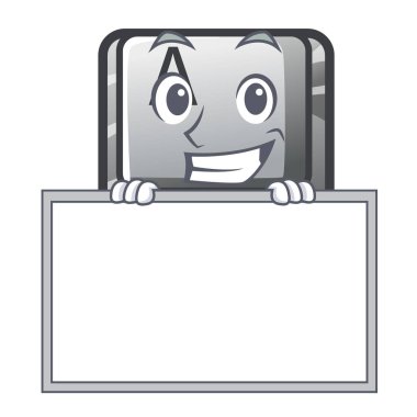 Tahta düğmesi ile sırıtarak Maskot ile izole edilmiş