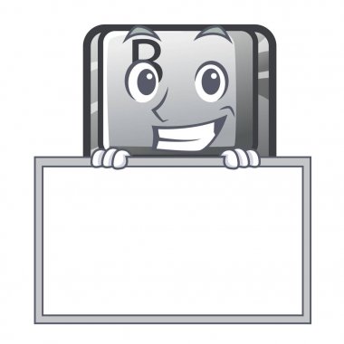 Karikatür bilgisayara yüklü tahta düğmesi B ile sırıtarak