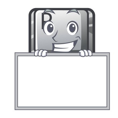 Karikatür bilgisayara yüklü tahta P düğmesi ile sırıtarak