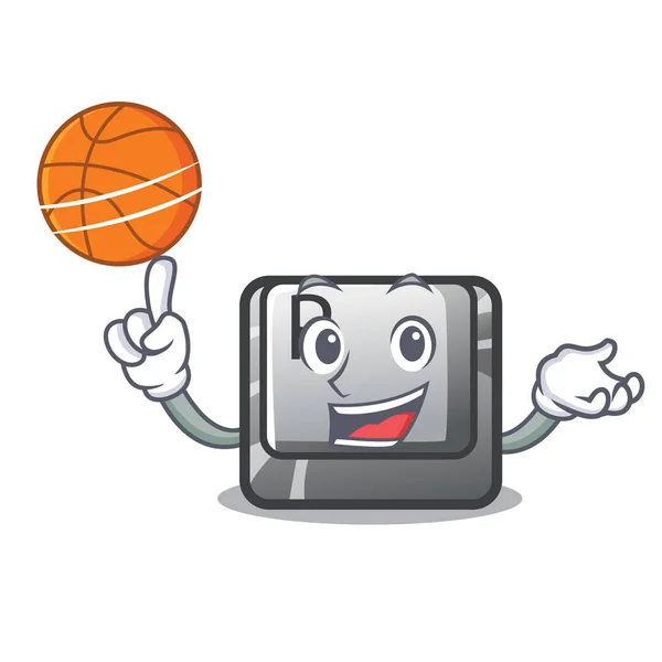 Con el botón de baloncesto P instalado en la computadora de dibujos animados — Vector de stock