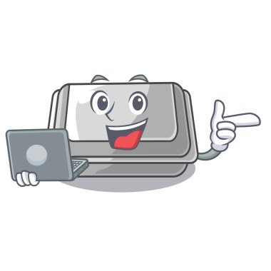 Dizüstü bilgisayarlı plastik kutu karikatürde izole edilmiş.