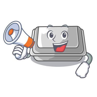 Çizgi filmde izole edilmiş megafon plastik kutuyla.