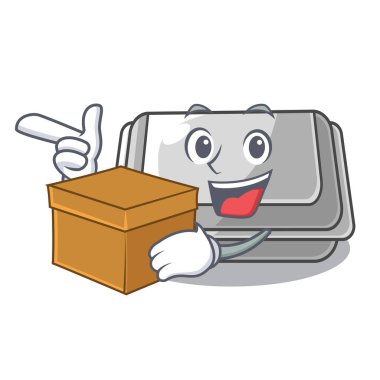 Maskot şeklinde plastik bir kutuyla.