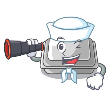 Karikatür masasında dürbün plastik kutu ile Denizci