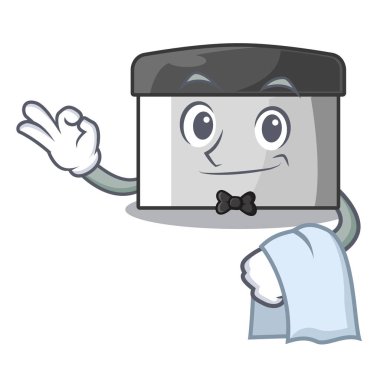 Ahşap maskot masada garson pasta kazıyıcı