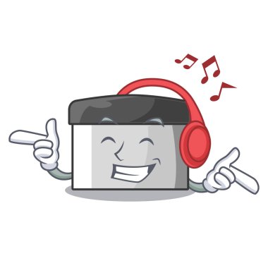 Ahşap maskot masada müzik pasta kazıyıcı dinleme