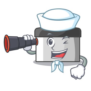 Ahşap maskot masada binoküler pasta kazıyıcı ile Denizci