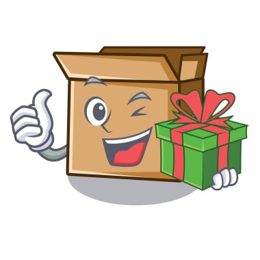 Maskotla izole edilmiş hediye kartonuyla.