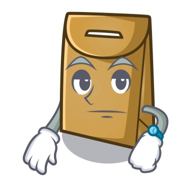 Maskot sandalyenin üzerinde bekleyen kağıt torba