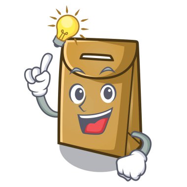 Maskot sandalye üzerinde bir fikir kağıt torba var