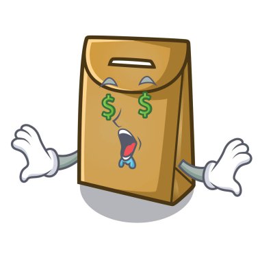 Maskot sandalye nin üzerinde para göz kağıt torba