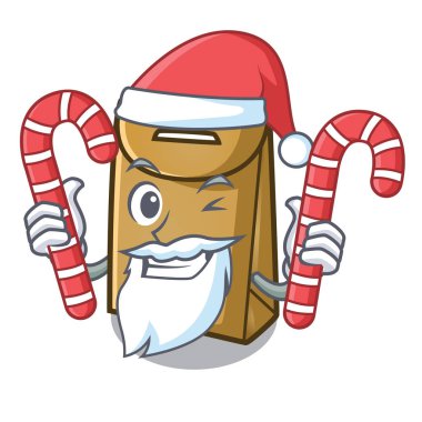 Maskot sandalyenin üzerinde şeker kağıt torba ile Santa