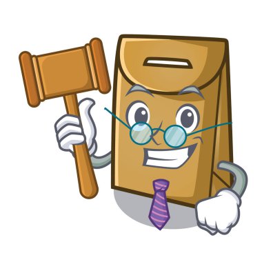 Maskot sandalyenin üzerinde Yargıç kağıt torba