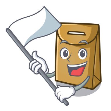 Maskot koltuğunun üzerinde bayraklı kağıt torbayla