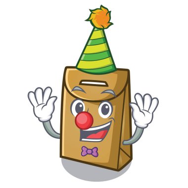 Maskot sandalyenin üzerinde palyaço kağıt torba