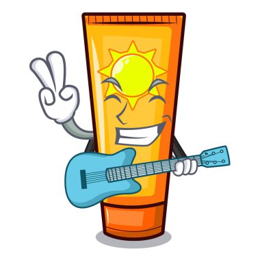 Gitar karikatürü güneş kremi ve çanta makyajıyla