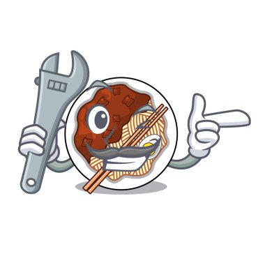 Mekanik jajangmyeon bir karakter ahşap masa üzerinde