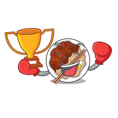 Bir karakter ahşap masada boks kazanan jajangmyeon